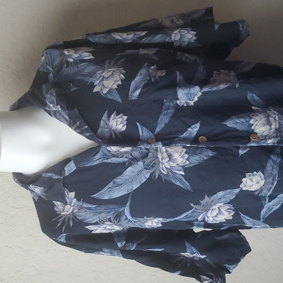 Bermuda Bay Blue Silk Men's XL Floral Short Sleeve Pocket Shirt - Picture 2 of 14
